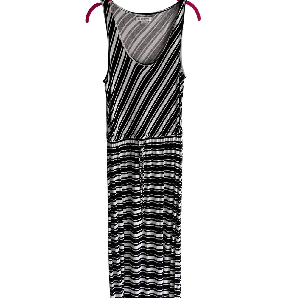 LIZ CLAIRBORNE Black and‎ White Striped Sleeveless Maxi Dress, M